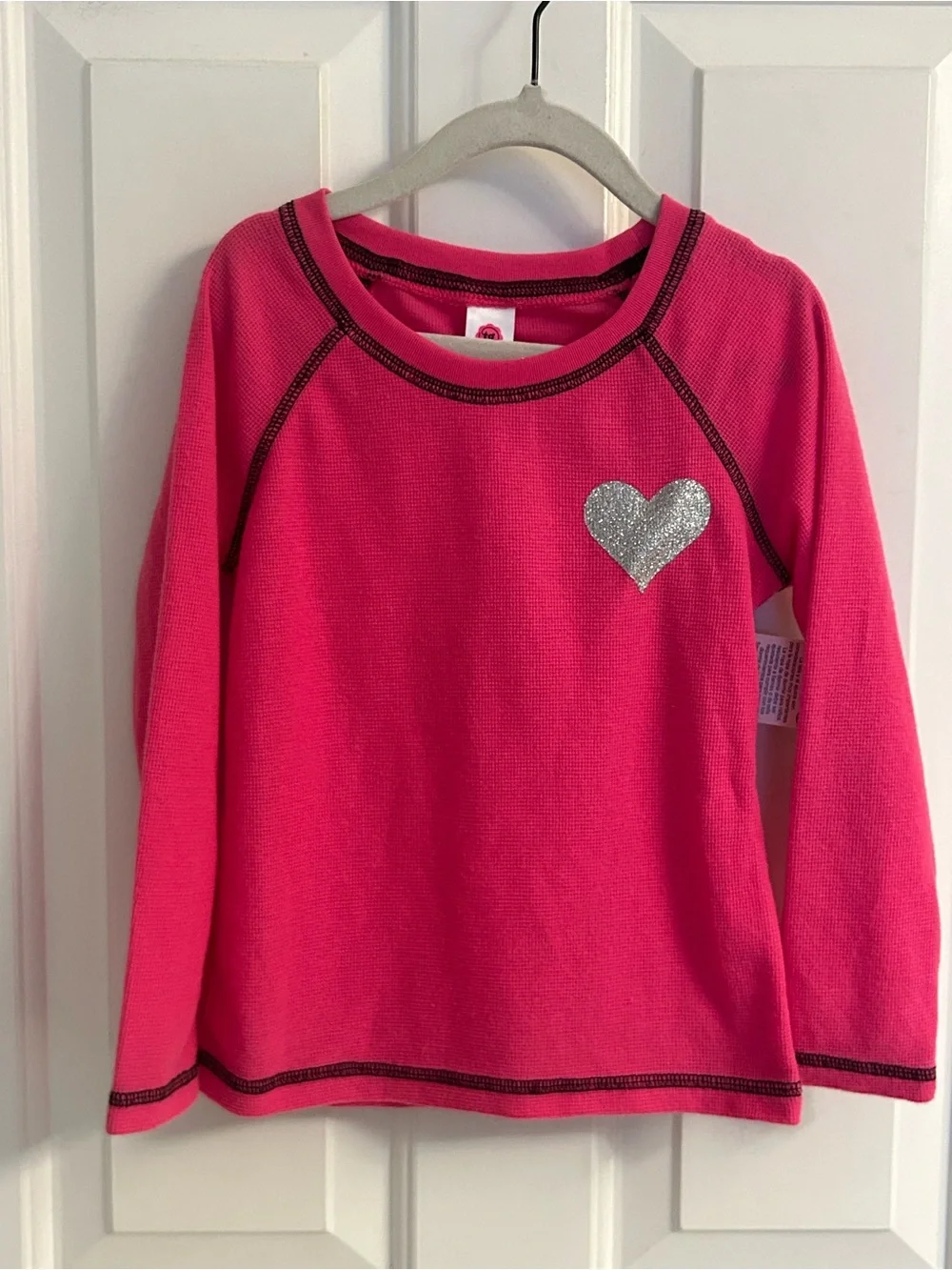 NWT-total girl Bright Pink Long Sleeve Top Pajama Top with Silver Glitter Heart